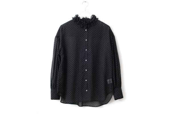 画像1: SALE15%OFF!! シアードットプリント 2段フリル襟ブラウス  (BK)