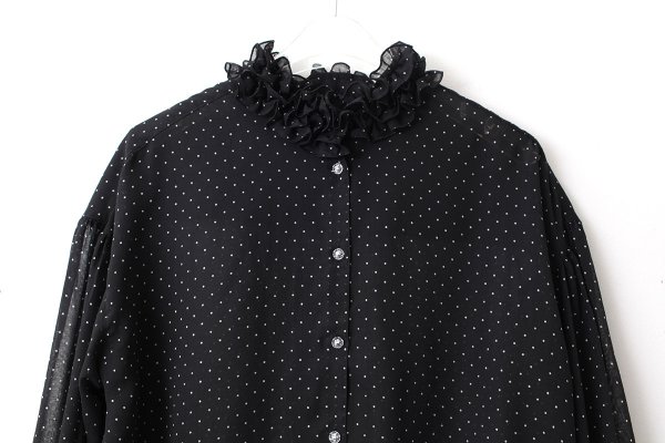 画像4: SALE15%OFF!! シアードットプリント 2段フリル襟ブラウス  (BK)