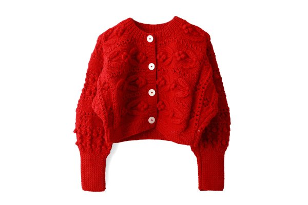 画像1: ネパールギルボックス もよう編みショートカーディガン (RD)