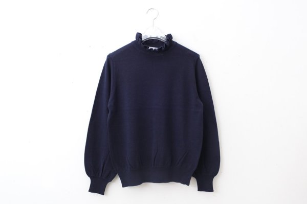 画像1: shop別注!! 32/2強撚綿フリル衿長袖プルオーバー (NV)