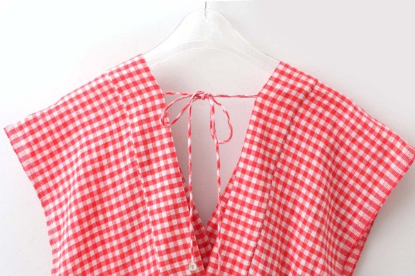 画像11: Khadi Linen Cotton Gingham Check Gingham Ribbon Gilet (RD)