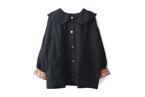 画像1: Khadi Thick Silk & Embroidery Round Collar Blouson (BK)