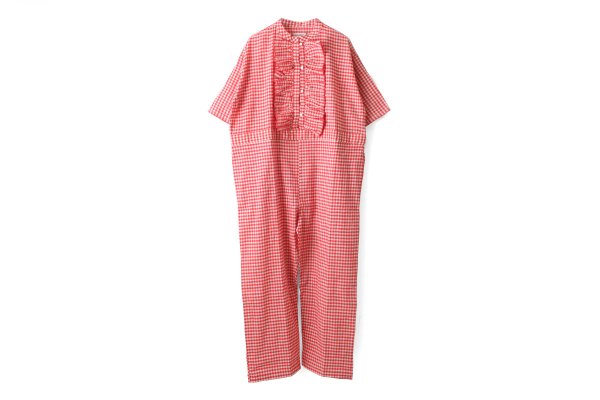 画像1: Khadi Linen Cotton Gingham Check Gingham Frill Overalls  (RD)