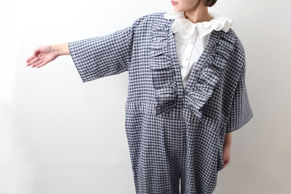 画像16: Khadi Linen Cotton Gingham Check Gingham Frill Overalls  (RD)