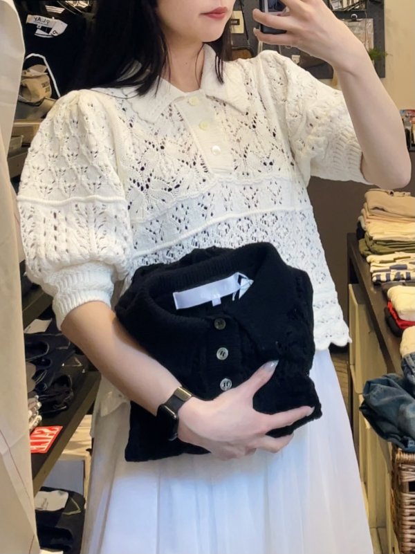 画像6: 綿透かし柄MIX編みレースプルオーバー  (BK)