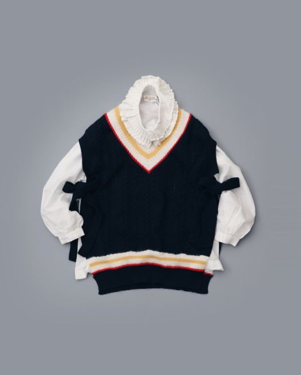 画像11: SALE30%OFF!! エステル綿ケーブル柄 モヘヤ配色ニットベスト (NV)