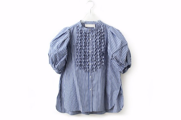 画像1: modern tuck frill volume sleeve blouse (NV×WH)