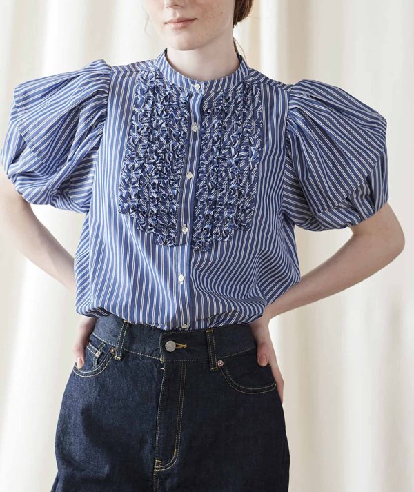 画像11: modern tuck frill volume sleeve blouse (NV×WH)