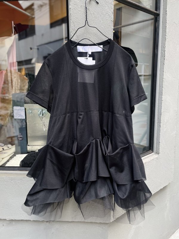 画像1: エステルトリコット×ナイロンチュールカットソー (BK)