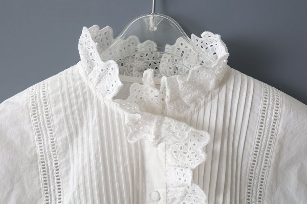 画像5: 再入荷!! ブロード レースピンタックスタンドブラウス (WH) (5)