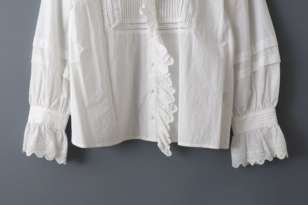 画像9: 再入荷!! ブロード レースピンタックスタンドブラウス (WH) (9)