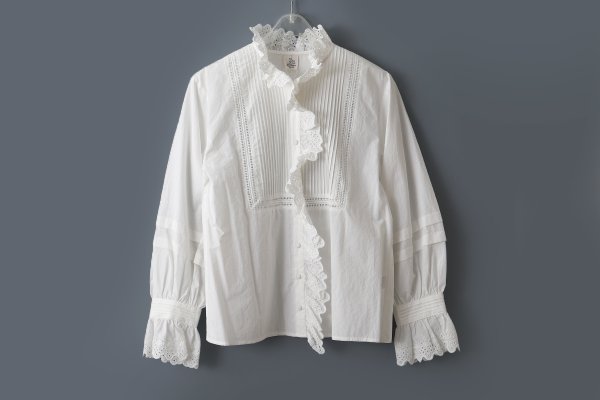 画像2: 再入荷!! ブロード レースピンタックスタンドブラウス (WH) (2)