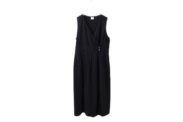 画像1: リネン / コットン ナチュラルトリプルワッシャー apron ワンピース (BK) (1)