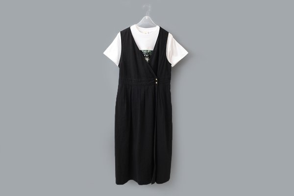 画像9: リネン / コットン ナチュラルトリプルワッシャー apron ワンピース (BK) (9)
