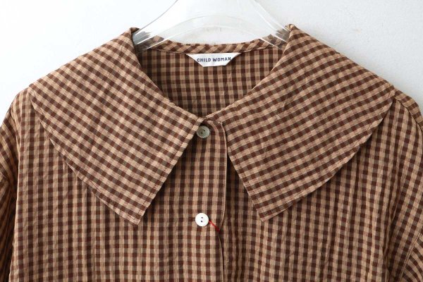 画像3: ドビーギンガム 5分袖ショート前あきブラウス (BR) (3)