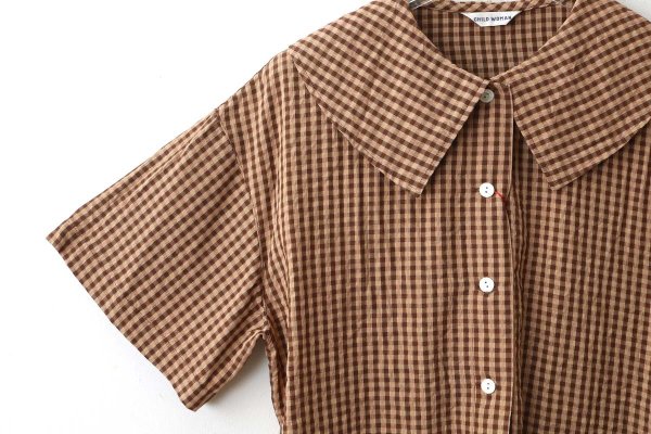 画像4: ドビーギンガム 5分袖ショート前あきブラウス (BR) (4)