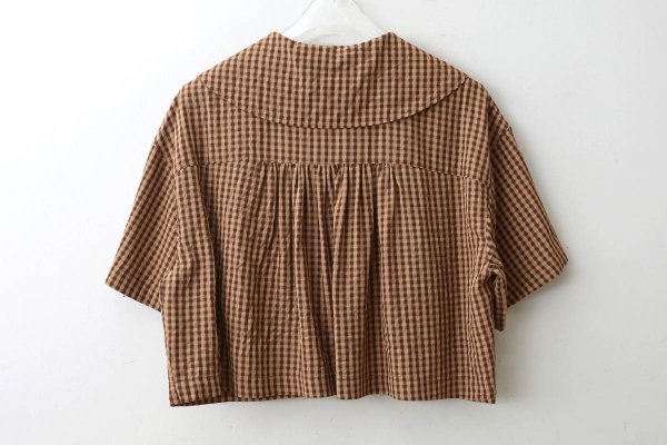 画像2: ドビーギンガム 5分袖ショート前あきブラウス (BR) (2)