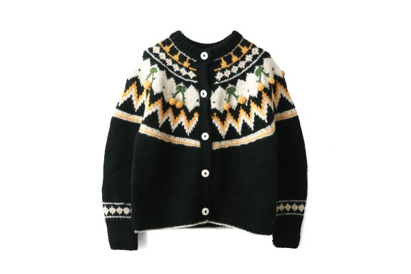 画像1: ネパールハンドニット 求心さくらんぼ刺繍カーディガン (BK) (1)
