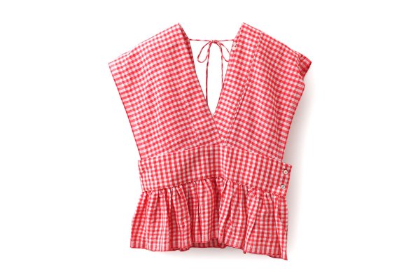 画像1: Khadi Linen Cotton Gingham Check Gingham Ribbon Gilet (RD) (1)