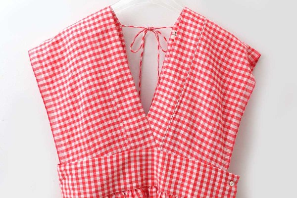 画像3: Khadi Linen Cotton Gingham Check Gingham Ribbon Gilet (RD) (3)
