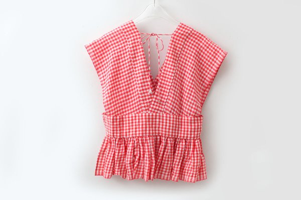 画像2: Khadi Linen Cotton Gingham Check Gingham Ribbon Gilet (RD) (2)