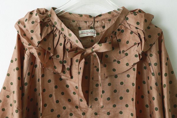 画像3: Khadi Silk Polka dots Print Frill Flare Blouse (C.BR) (3)