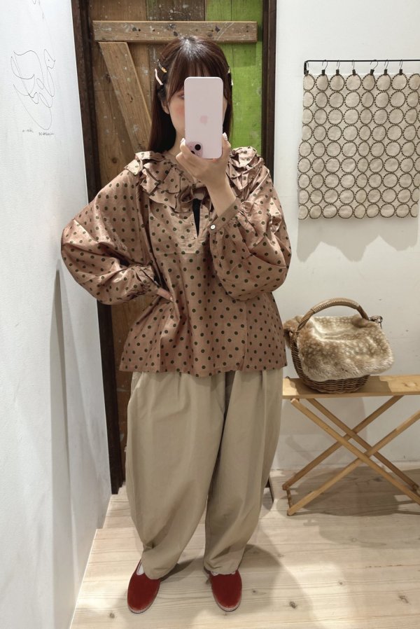 画像14: Khadi Silk Polka dots Print Frill Flare Blouse (C.BR) (14)