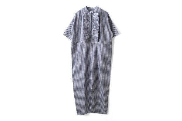 画像1: Khadi Linen Cotton Gingham Check Gingham Frill Overalls  (CH) (1)
