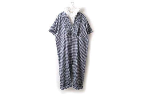 画像10: Khadi Linen Cotton Gingham Check Gingham Frill Overalls  (CH) (10)