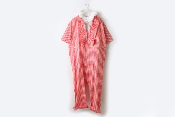 画像12: Khadi Linen Cotton Gingham Check Gingham Frill Overalls  (RD) (12)