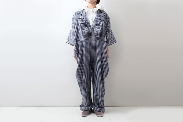 画像11: Khadi Linen Cotton Gingham Check Gingham Frill Overalls  (CH) (11)