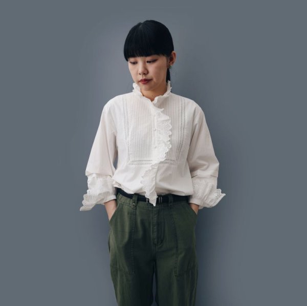 画像12: 再入荷!! ブロード レースピンタックスタンドブラウス (WH) (12)