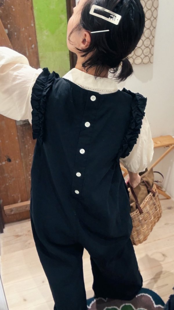 画像14: リネン/コットン ナチュラルトリプルワッシャー フリル オールインワン (BK) (14)