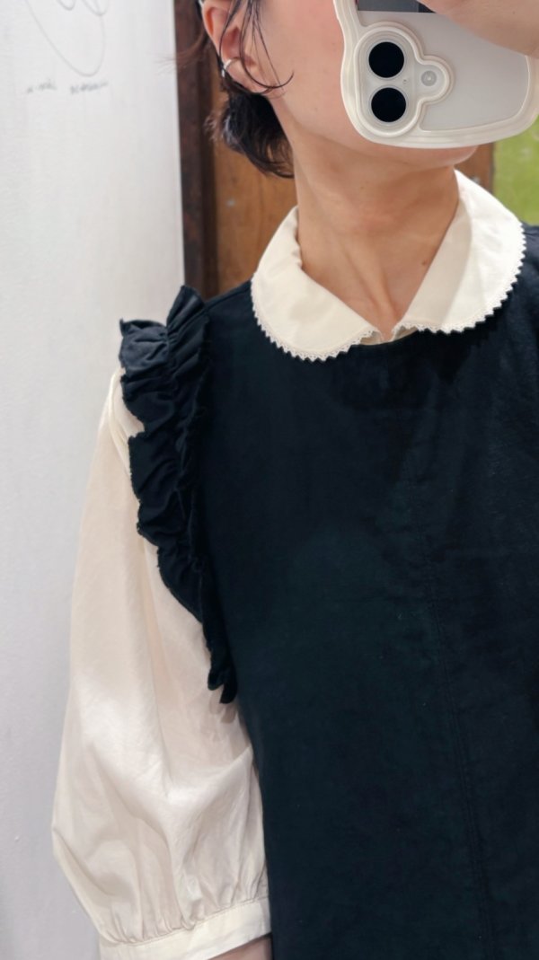 画像15: リネン/コットン ナチュラルトリプルワッシャー フリル オールインワン (BK) (15)