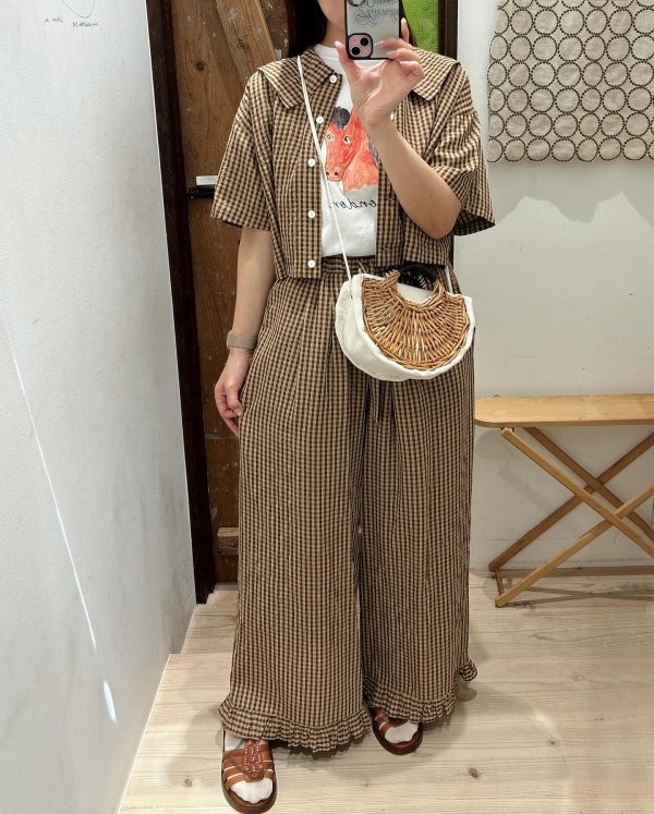 画像12: ドビーギンガム 5分袖ショート前あきブラウス (BR) (12)