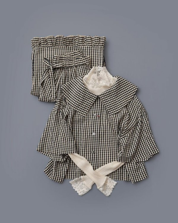 画像10: ドビーギンガム 5分袖ショート前あきブラウス (BR) (10)