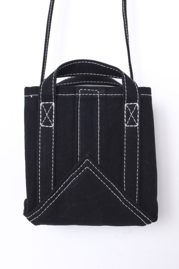 画像5: キャンバス・カゴ袋ショルダー（BK/WHステッチ） (5)