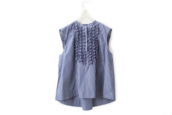 画像1: SALE‼︎ modern tuck frill flare blouse (NV×WH) (1)