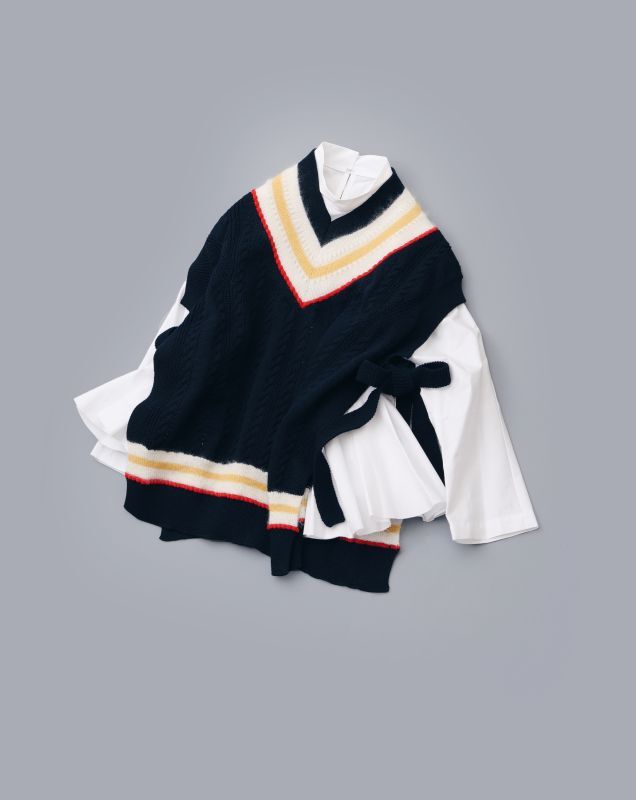 エステル綿ケーブル柄 モヘヤ配色ニットベスト