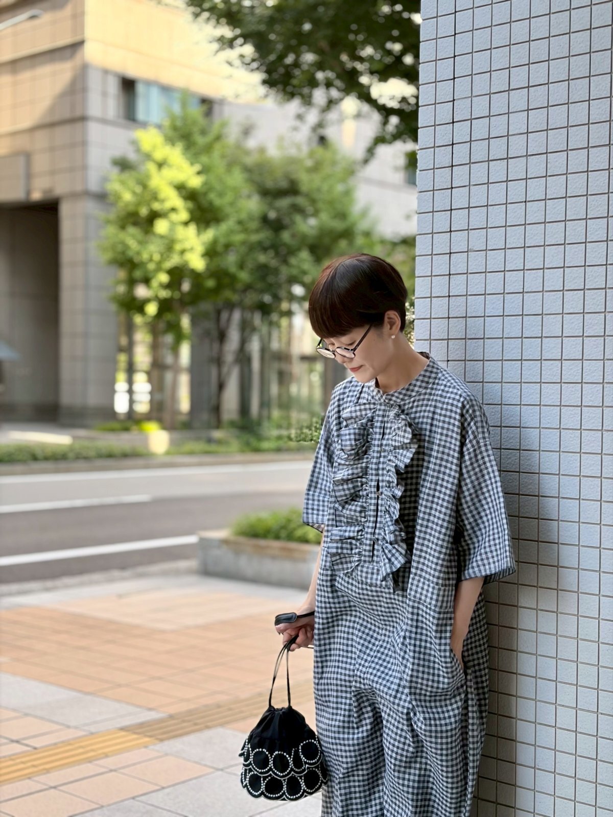 BUNON ブノン Khadi Linen Cotton Gingham Check Gingham Frill Overalls